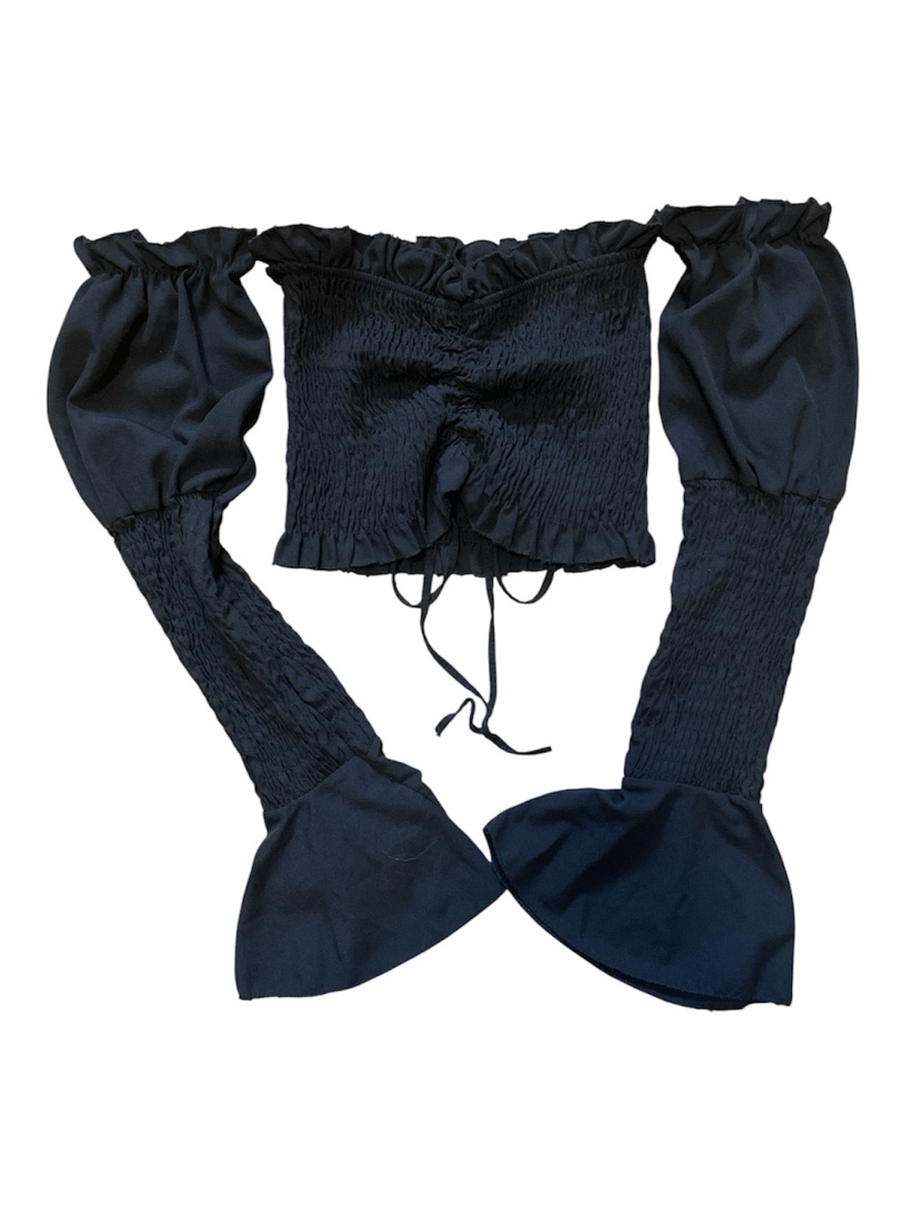 Women’s Black Off-Shoulder Smocked Crop Top with Detachable Sleeves